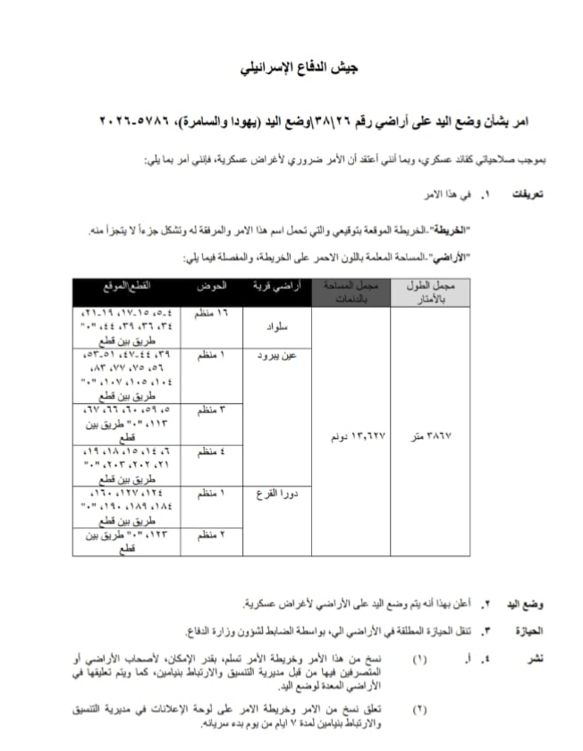 الاحتلال يخطر بالاستيلاء على أراض في سلواد لشق طرق استعمارية